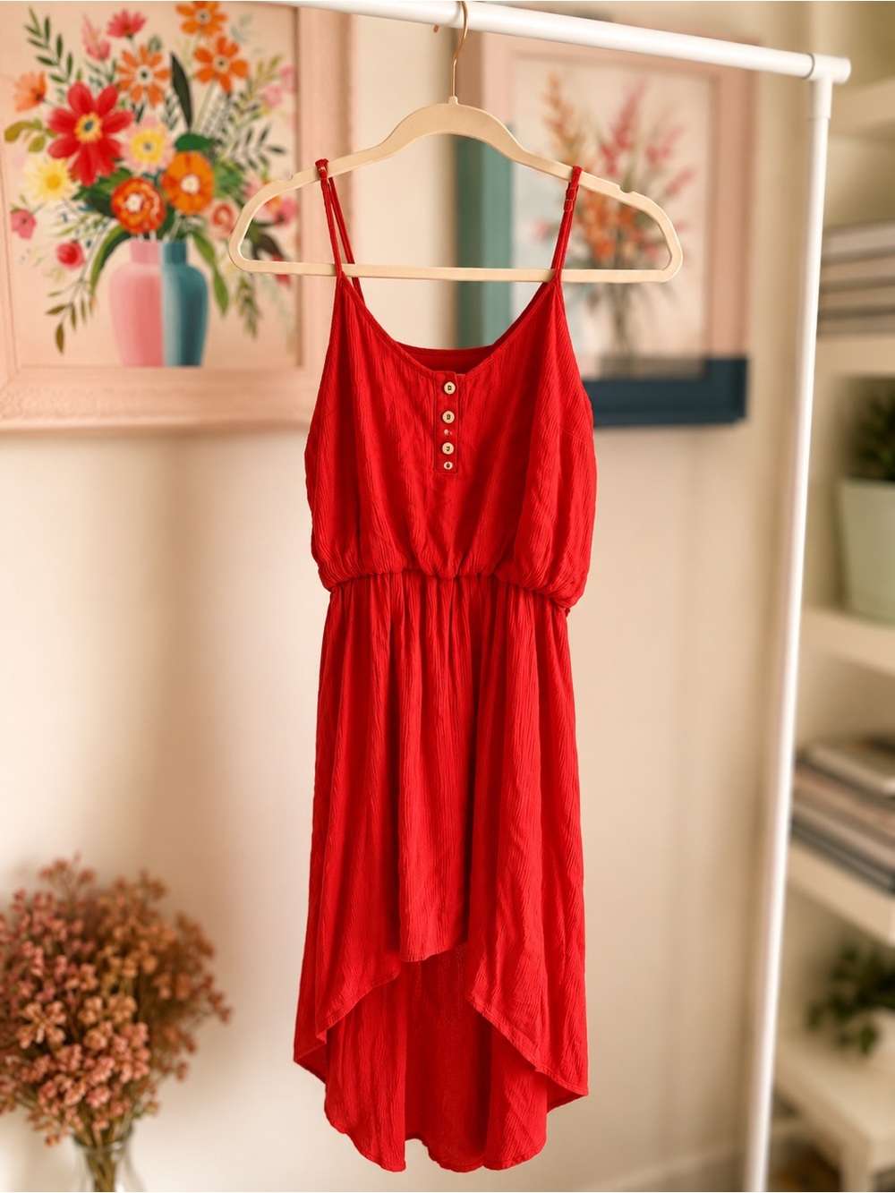 Guess Red Sleeveless Hi-Low Button-Front Dress